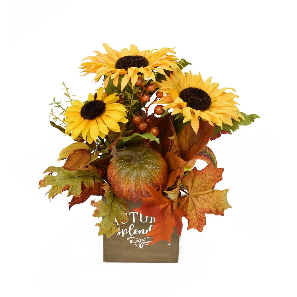 17 Pumpkin Sunflower Fall Arrangement In Wooden Box By Ashland Michaels
